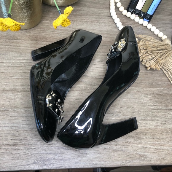 Prada Black Patent Leather Logo Detail Square Toe Block Calzature Donna Pumps 38 - Picture 5 of 10